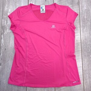 Salomon Shirt Womens Large Agile V-Neck Pink Performance Training Short Sleeve